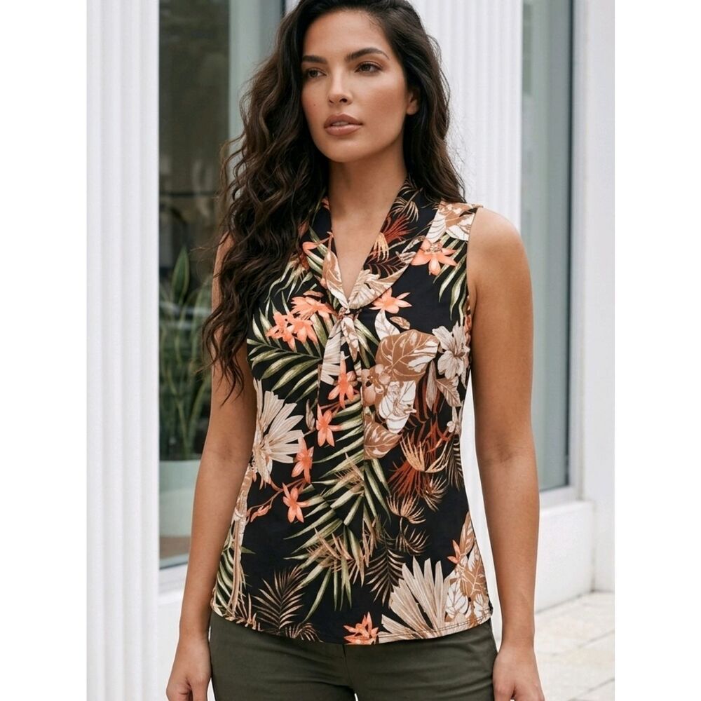 Tropical Workwear Blouse Petite Small Tahari ASL Sailor Tie Sleeveless Top Chic